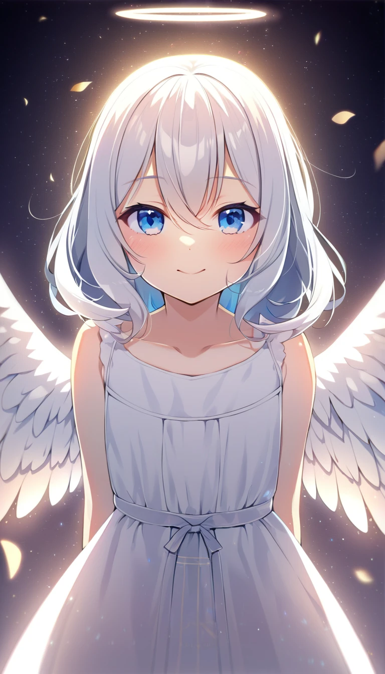 one girl, angel, angel wing, angel ring, sacred, cute, naive, , beautiful, light blue eyes, white dress, white hair, look at me, happily