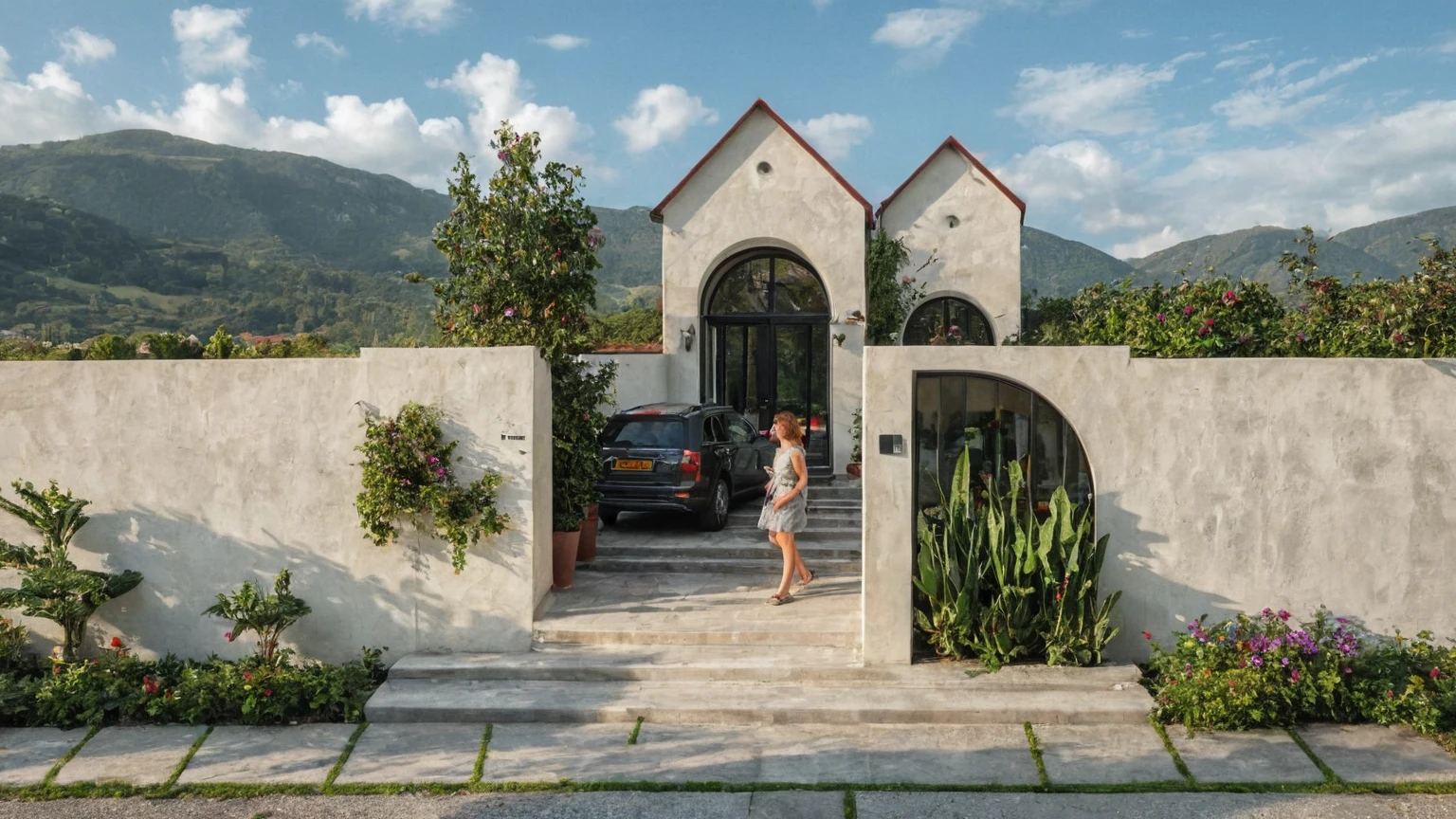 Raw photo,Masterpiece, high quality, best quality, authentic, super detail, exterior, outdoors,A small, one-story house with a white exterior with two prominent archways at the entrance. The house has a red, gabled roof and dark-framed windows. There are several plants near the entrance, including a climbing plant with purple flowers. The steps leading up to the entrance are black, with potted plants on both sides.,pavement, grass, trees, blue sky, (daylight:1.1), ((realistic photo)),(rain:1.3)