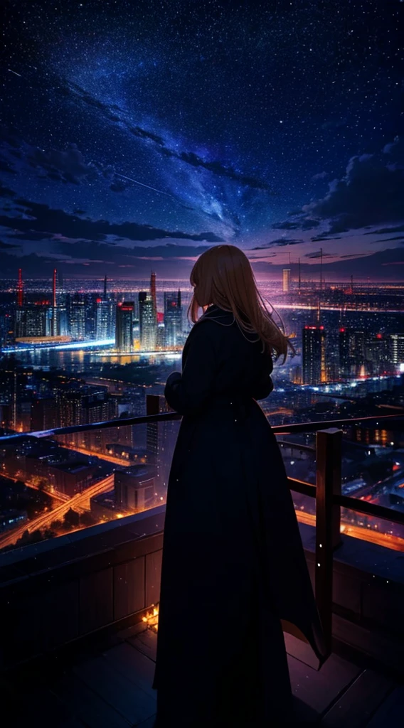 １people々々々々々々々々々々,Blonde long-haired woman，Long coat， Dress Silhouette， Rear View，Space Sky, comet, Anime Style, City night view from the rooftop，Countless crosses of light in the city，