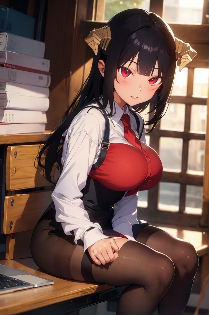 work of art, best qualityer, ultra detali, illustration, colorfully, flat colour, Depth of field, 1 girl, sitting down, Bblack hair, horns on head, Eyes red, , gazing at viewer, in the office, black business dress, pantyhose, black pantyhose, Detailed texture skin, detailed cloth texture, beautifull detailed face,Grinning,face red,blushed,legs crossed,big breasts,black highheels,fully body
