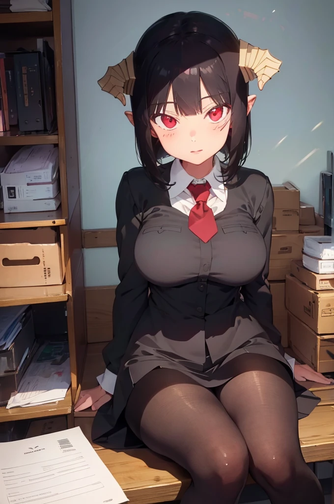 work of art, best qualityer, ultra detali, illustration, colorfully, flat colour, Depth of field, 1 girl, sitting down, Bblack hair, horns on head, Eyes red, , gazing at viewer, in the office, black business dress, pantyhose, black pantyhose, Detailed texture skin, detailed cloth texture, beautifull detailed face,Grinning,face red,blushed,legs crossed,big breasts,black highheels,fully body
