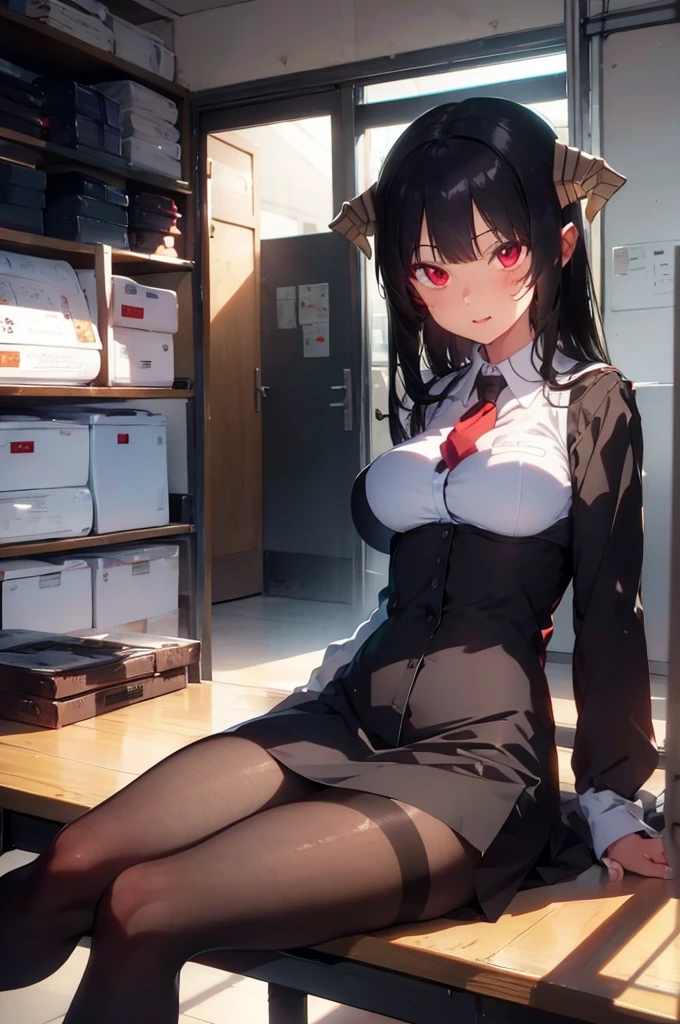 work of art, best qualityer, ultra detali, illustration, colorfully, flat colour, Depth of field, 1 girl, sitting down, Bblack hair, horns on head, Eyes red, , gazing at viewer, in the office, black business dress, pantyhose, black pantyhose, Detailed texture skin, detailed cloth texture, beautifull detailed face,Grinning,face red,blushed,legs crossed,big breasts,black highheels,fully body
