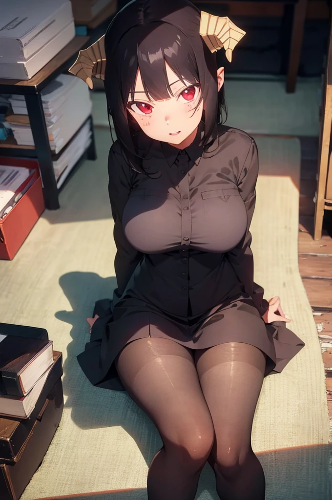 work of art, best qualityer, ultra detali, illustration, colorfully, flat colour, Depth of field, 1 girl, sitting down, Bblack hair, horns on head, Eyes red, , gazing at viewer, in the office, black business dress, pantyhose, black pantyhose, Detailed texture skin, detailed cloth texture, beautifull detailed face,Grinning,face red,blushed,legs crossed,big breasts,black highheels,fully body
