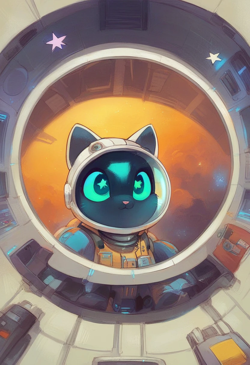 • Main Character:
• Cat: A cute cat wearing a spacesuit. The cat’s expression is filled with curiosity, with wide-open eyes.
• Spacesuit: A white spacesuit with a transparent helmet. The spacesuit has small antennas and special decorations for the cat.
• Background:
• Inside the Spaceship: The outside space can be seen through the windows. The interior of the spaceship has a futuristic design, with control panels and displays scattered around.
• Space: Stars and planets are scattered in the background. Earth can be seen in the distance.
• Details:
• Window: The cat is looking out through a large window of the spaceship. The window frame is silver with small rivets.
• Small Items: At the cat’s feet, there is a small space map and a pack of cat space food.
• Lighting: The interior of the spaceship is illuminated with soft blue and white lights, emphasizing the futuristic atmosphere.
• Color Scheme:
• Spacesuit: Mainly white and silver, with blue and red accents in the details.
• Space: Deep navy and black, with sparkling white and yellow stars.
• Spaceship Interior: Silver and metallic gray, with blue lights.