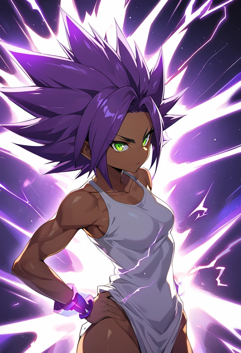 1girl, alone, Saiyan, spiky purple hair, green eyes, defined muscles, thin waist, wide hips, dark skin, medium breasts, no clothes, naked, bobs, white t-shirt, black parts, super saiyan, lightning around, purple lightning , purple rays around, energy around, ki energy, purple energy
