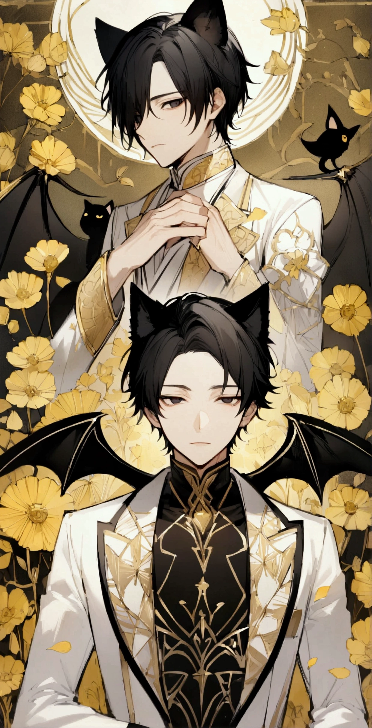 male,Black Hair,Gentle expression,Detailed and precise manual work,Black cat ears,Dark Eyes,length, Narrow eyes,Devil Wings,An impressive subject in a field of yellow flowers, Petals flutter,A black and white suit with gold patterns,Hand-drawn illustration,Broad background,