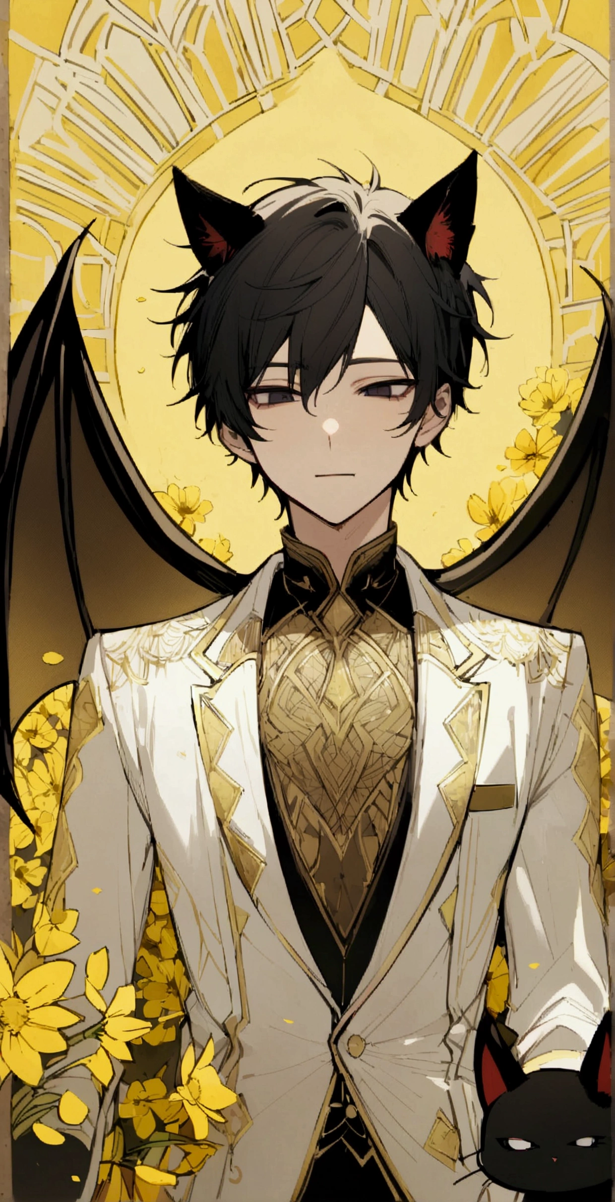 male,Black Hair,Gentle expression,Detailed and precise manual work,Black cat ears,Dark Eyes,length, Narrow eyes,Devil Wings,An impressive subject in a field of yellow flowers, Petals flutter,A black and white suit with gold patterns,Hand-drawn illustration,Broad background,