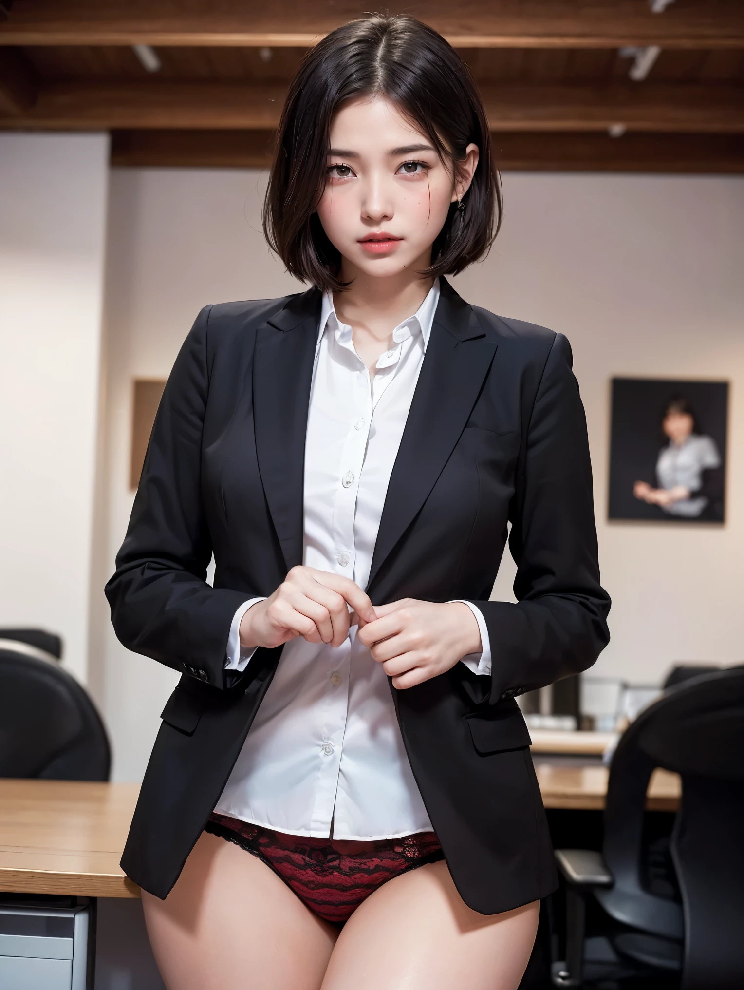 8k, RAW Portrait (Japanese women),masterpiece、Photorealistic:1.2、Realistic, Ultra-high resolution, Highest quality, Real Life Photos ,( in the evening :1.1), ((((1 female:1.5)))), (((Two girls showing off their panties In the room)))、(Cute Face:1.3)、Japanese women,((office lady))、((本物のoffice lady))、((business art:1.6))、 Short Hairstyles,、In the room、 、big, beautiful, beautiful目, Black Hair,(Written boundary depth:1.3)、 ((Dark brown eyes:1.2))、(Realistic skin texture:1.3)、(Immersive atmosphere:0.8、Chiaroscuro:1.2) 、((Embarrassed look:1.4))、((Red cheeks:1.3))、((From belowの天井:1.2))、(smile:0.7)、((She's wearing tiny silk panties))、((Panty shot))、((A woman rolling up her skirt))、((From below:1.48))、((Crotch close-up:1.52))、((Pants with emphasis on the photo))、the most beautiful woman in the world、the most beautiful woman in the world、((Spread your legs out to the side:1.4))、Large Breasts、Cleavage、Fair skin、Multiple moles、