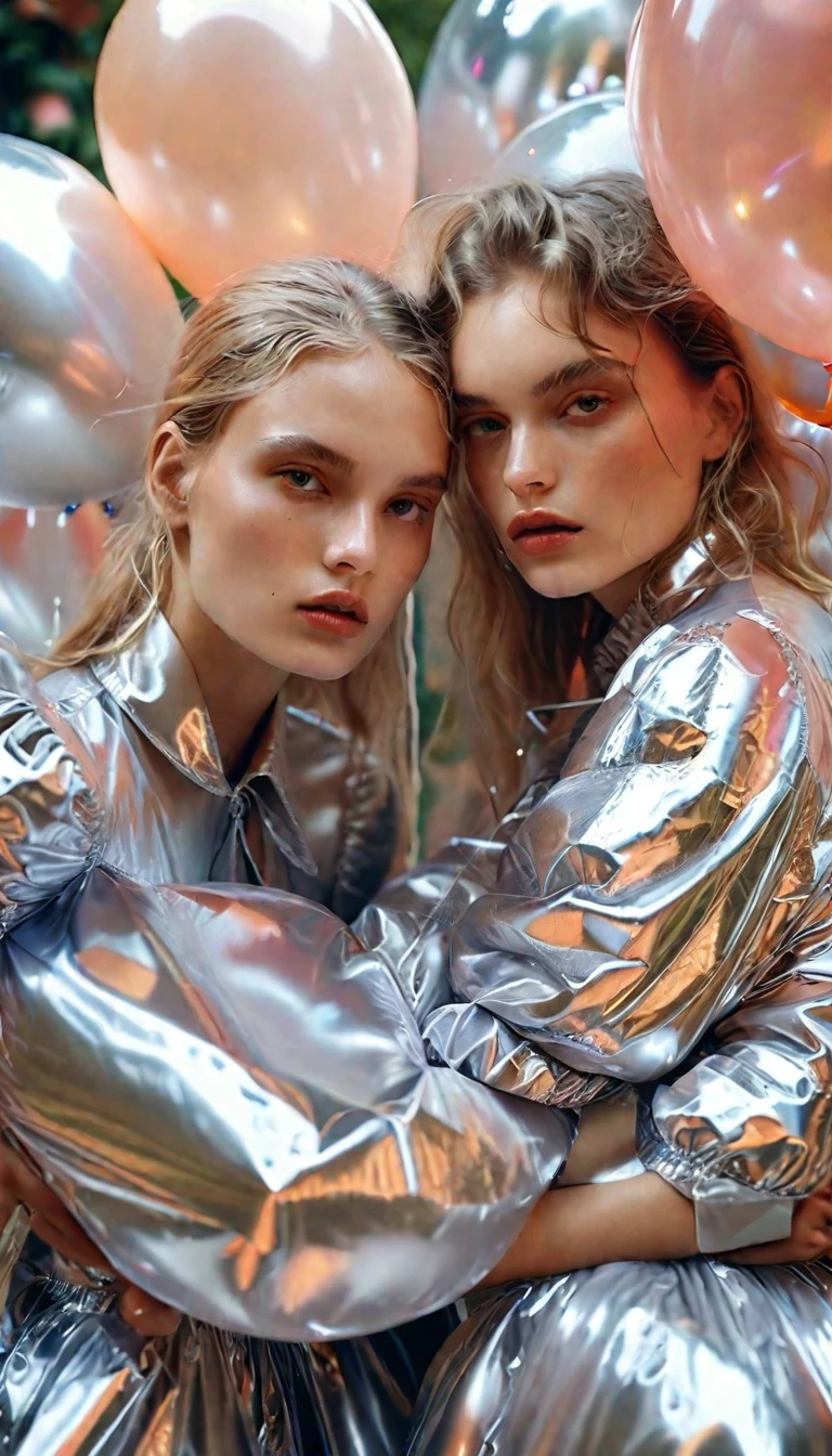 a young model in shiny silver dress posing for a picture with balloons, in style of petra collins, as fashion editorial 90s, by Zofia Stryjenska, by Maud Naftel, by Emma Andijewska, fashion editorial, monia merlo, 1 model in the frame, fashion editorial photography, editorial fashion photography, beautiful gemini twins portrait, fashion magazine editorial