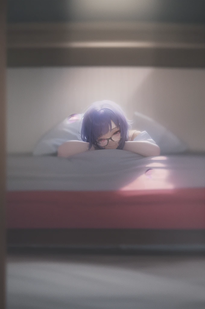 1girl, cowboy shot,porn, smile, glasses, 
nitengojigen_ririsa, purple eyes, purple hair, short hair, bangs,Lace bra, lace underwear, short sleeves, Show your breasts,sex, , best quality, masterpiece, highres, sleep position,Spread your legs,