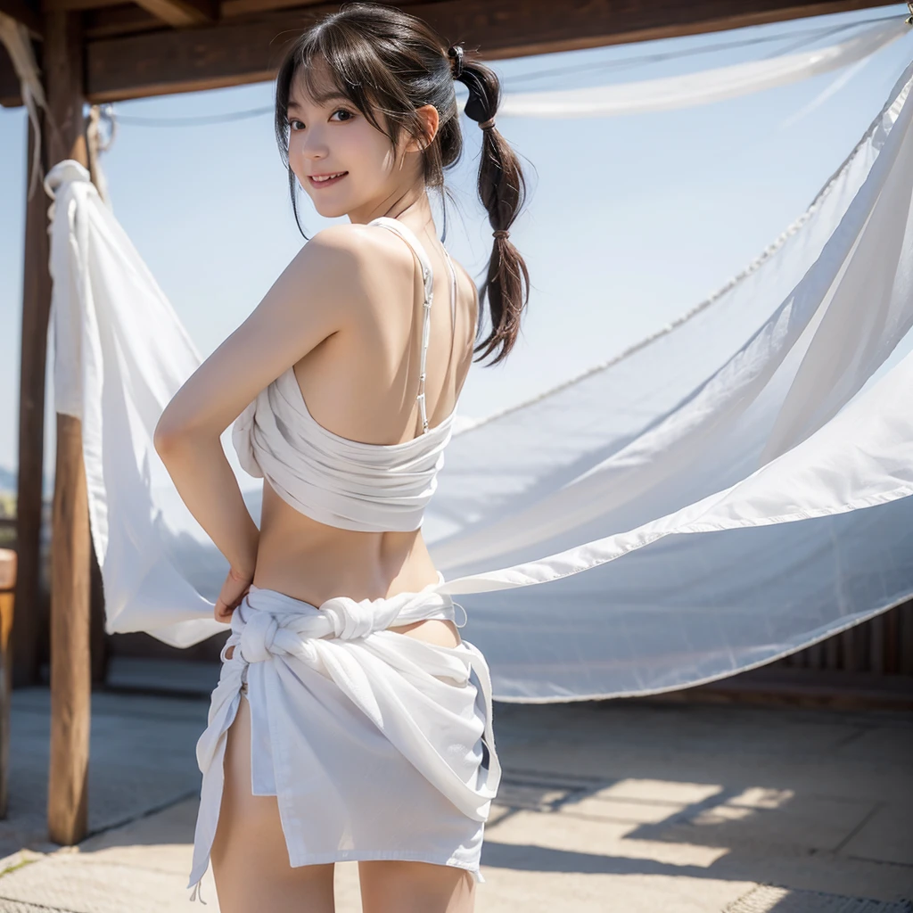 8k，highest quality、Caucasian  girl、background blur、Super high quality、sunlight、Bare shoulders、bare back、Bare buttocks、Bare feet、Fair-skinned beautiful girl、disheveled bob hair、small breasts、small breastsの谷間、A fleeting look、clear outline、Mature atmosphere、high definition skin、Fair and beautiful thighs、small butt、The hem is rolled up、Bare feetの付根、Gorgeous belly dance costumes、short length、Tight ass、well-proportioned face、water droplets、Dance of the Heavenly Lady、Look up to the sky、shot from behind