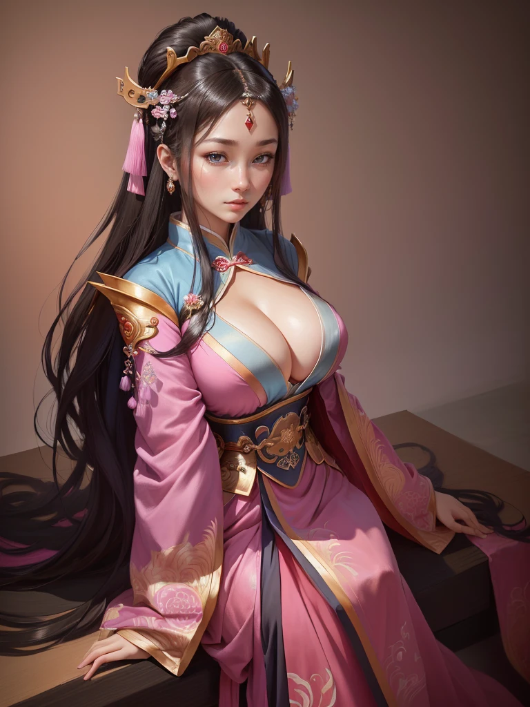a painting of a woman in a pink and blue dress, ancient chinese princess, a beautiful fantasy empress, beautiful character painting, chinese princess, inspired by Lan Ying, ancient chinese beauties, ancient asian dynasty princess, inspired by Ju Lian, ((a beautiful fantasy empress)), palace , a girl in hanfu, chinese empress, beautiful render of tang dynasty, Highly detailed CG unit 8k wallpaper, masterpiece, High resolution, highest quality, highest quality real texture skin, Super Real, Digital Painting, Best image quality, 最High resolution, 8k, ((Highly detailed eyes and face, Beautiful eyes every detail)), 1girl, Full Body Shot, 1girl, Saggy breasts, Gravity-dependent breasts, long chest, Heavy chest, disproportionate breasts, huge breasts, sagging breasts, gigantic breasts, (erect nipple), sit, hanfu,