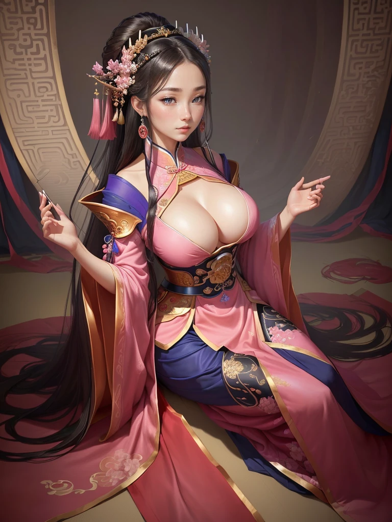 a painting of a woman in a pink and blue dress, ancient chinese princess, a beautiful fantasy empress, beautiful character painting, chinese princess, inspired by Lan Ying, ancient chinese beauties, ancient asian dynasty princess, inspired by Ju Lian, ((a beautiful fantasy empress)), palace ， a girl in hanfu, chinese empress, beautiful render of tang dynasty,  Highly detailed CG unit 8k wallpaper, masterpiece, High resolution, highest quality, highest quality real texture skin, Super Real, Digital Painting, Best image quality, 最High resolution, 8k, ((Highly detailed eyes and face, Beautiful eyes every detail)), 1girl, Full Body Shot, 1girl, Saggy breasts, Gravity-dependent breasts, long chest, Heavy chest, disproportionate breasts, huge breasts, sagging breasts, gigantic breasts, (erect nipple), sit, hanfu, 