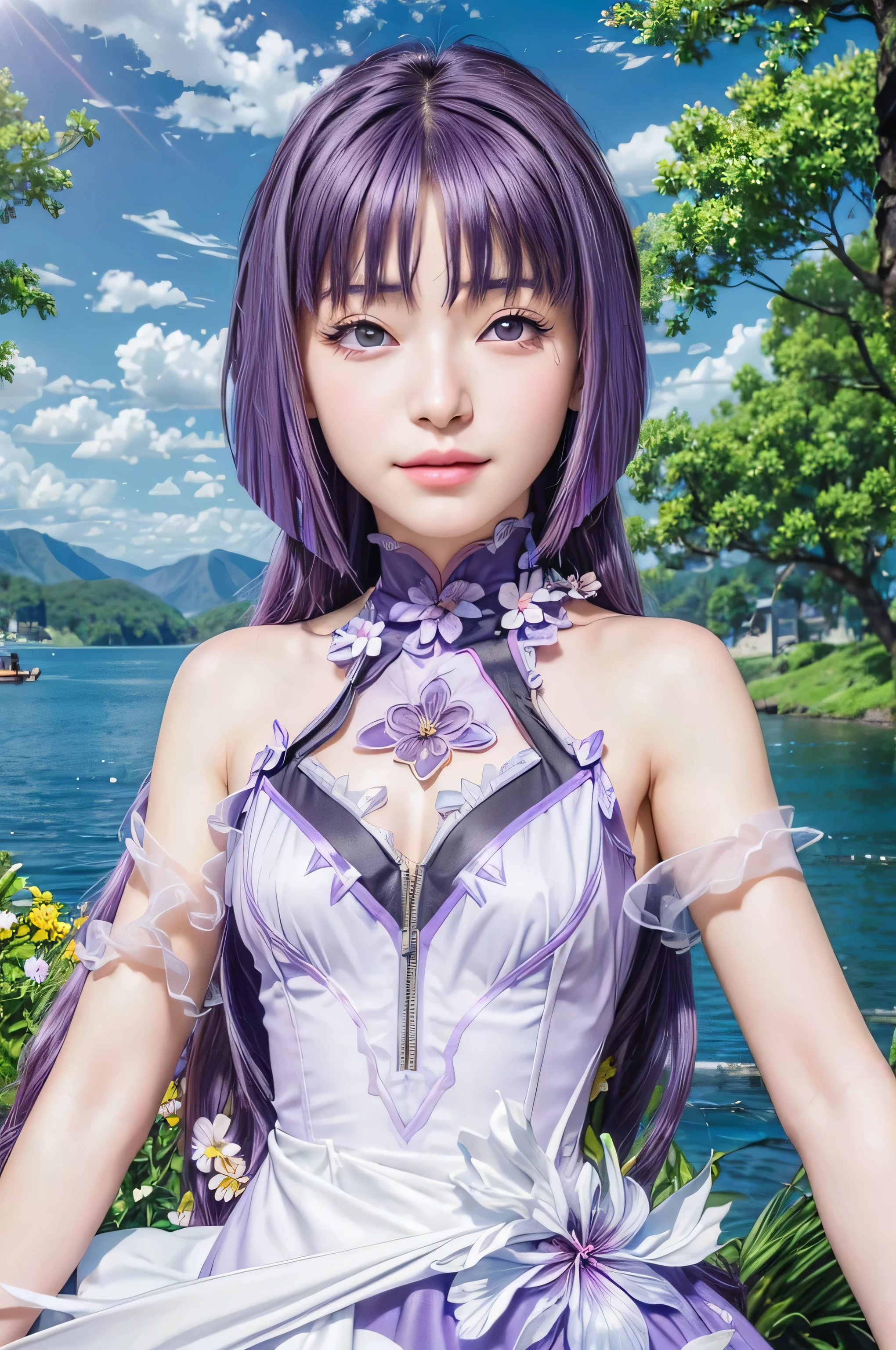 masterpiece, best quality, (realistic,photo-realistic:1.4), (RAW photo:1.2), extremely detailed CG unity 8k wallpaper, delicate and beautiful, amazing,finely detail, official art, absurdres, incredibly absurdres, huge filesize, ultra-detailed,extremely detailed eyes and face,light on face,sumire kakei,(little smile),(purple hair:1.4),(long hair:1.6),(wearing flower dress:1.4),lake background