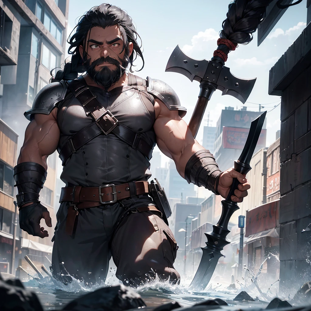 a muscular dwarf man, short black beard braided with silver threads, slate gray eyes, wearing leather armor reinforced with metal plates, a war ax hanging from his belt, hyperdetailed, highly realistic, cinematic lighting, dramatic shadows, vibrant colors, octane render, 8k, best quality