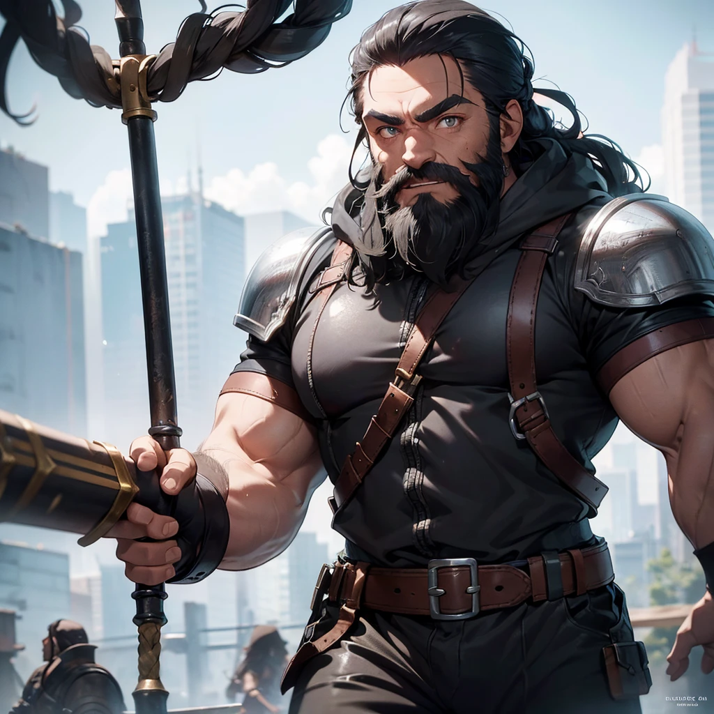 a muscular dwarf man, short black beard braided with silver threads, slate gray eyes, wearing leather armor reinforced with metal plates, a war ax hanging from his belt, hyperdetailed, highly realistic, cinematic lighting, dramatic shadows, vibrant colors, octane render, 8k, best quality
