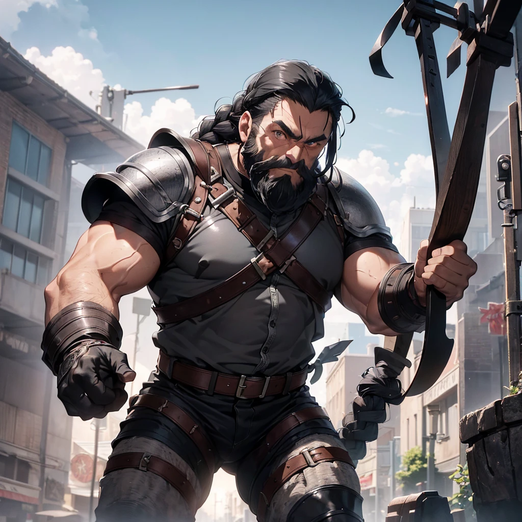 a muscular dwarf man, short black beard braided with silver threads, slate gray eyes, wearing leather armor reinforced with metal plates, a war ax hanging from his belt, hyperdetailed, highly realistic, cinematic lighting, dramatic shadows, vibrant colors, octane render, 8k, best quality
