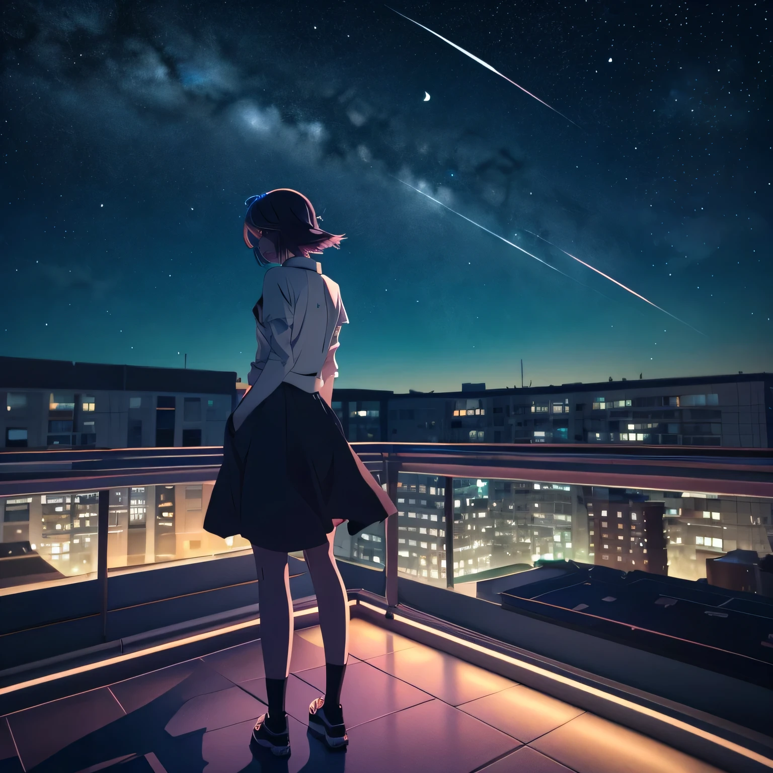 Anime girl standing on a rooftop looking at the stars and the night sky, Anime Wallpaper 4k, Anime Wallpaper 4 k, 4k Anime Wallpaper, Anime Art Wallpapers 8K, anime art wallpaper 4k, anime art wallpaper 4k, Anime Style 4k, Makoto Shinkai Cyril Rolland, 4K Manga Wallpaper, Anime Wallpaper, Awesome Wallpapers, shooting star