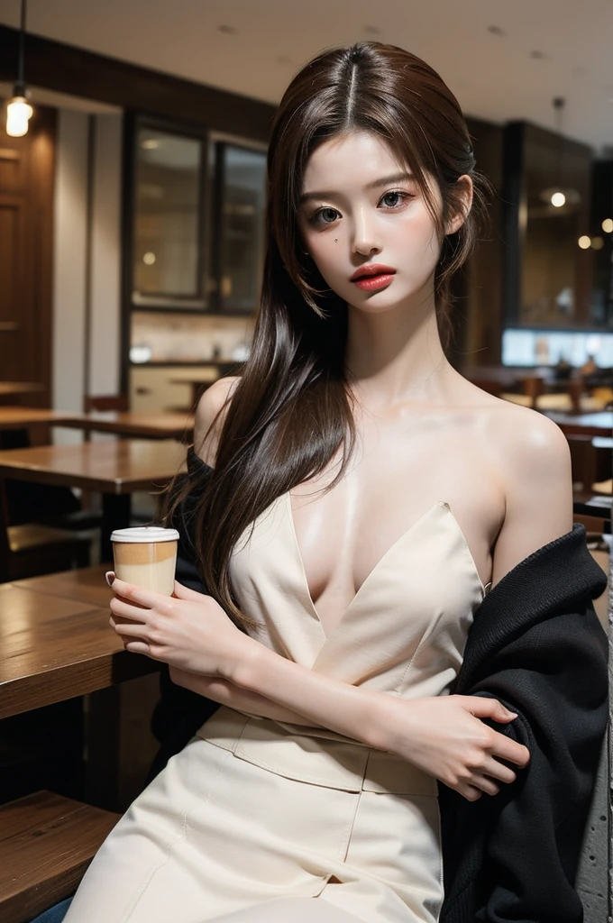 Best quality, masterpiece, super high resolution, (fidelity: 1.3), delicate face, original photo, 1girl, waist up, in the coffee shop, afternoon