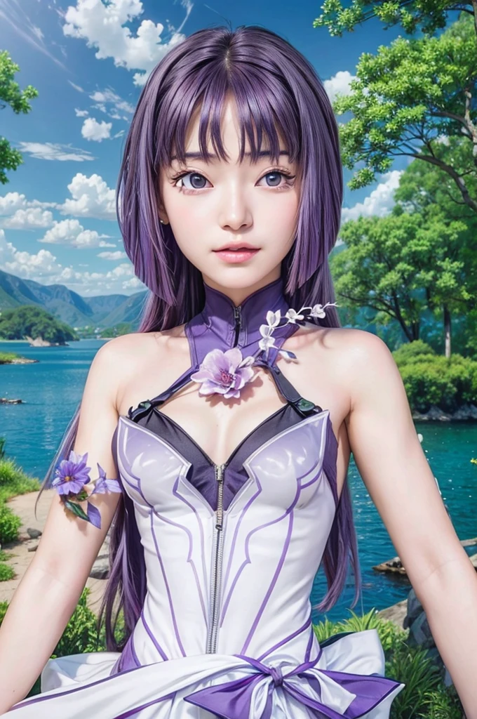 masterpiece, best quality, (realistic,photo-realistic:1.4), (RAW photo:1.2), extremely detailed CG unity 8k wallpaper, delicate and beautiful, amazing,finely detail, official art, absurdres, incredibly absurdres, huge filesize, ultra-detailed,extremely detailed eyes and face,light on face,sumire kakei,(little smile),(purple hair:1.4),(long hair:1.6),(wearing flower dress:1.4),lake background