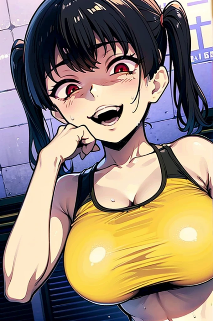 Sasaki Kanna plays gesugao, Yellow Tank Top, underboob, Sweat, Black hair twin tails, Guess face, smile, crazy Smile, 勝ち誇ったsmile, Pushing her big breasts together, Her body is like that of a slender elementary school student, but her breasts are large., Push your breasts together