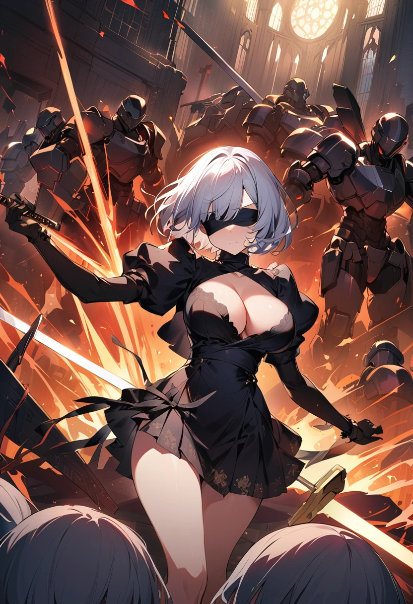 2B Nier Automata,masterpiece, 最high quality, High resolution, Black torn clothes 、Black Pantyhose、Dark church at night、sexy、Wear a miniskirt、Thin legs、Big Breasts、Slim figure、high quality CG Tone、Gray Hair、Black blindfold、Short Bob、Surrounded by mechanical soldiers、Fighting mechanical soldiers、stylish、Japanese sword