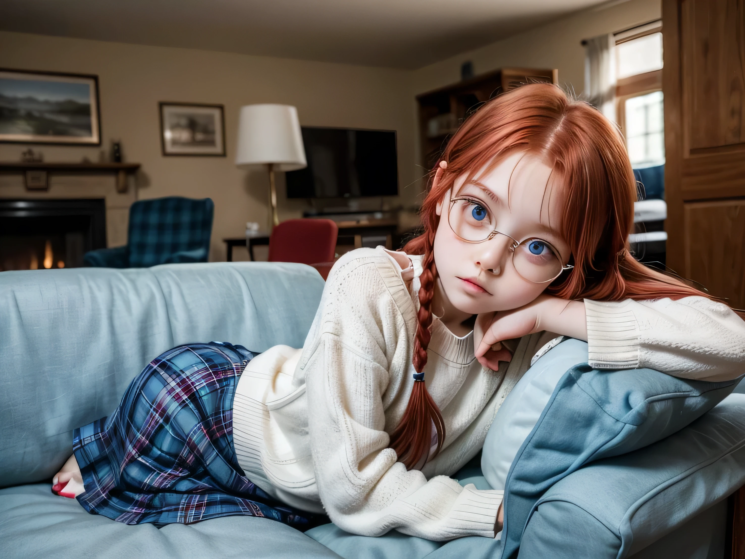 A  girl with red hair, blue eyes, shoulder length braids. wearing a blue plaid skirt 
Sitting with the white-haired and bespectacled grandmother on the sofa in the living room of the house.