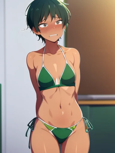(8k,High quality),(at classroom:1.3), stripe border one-piece tan micro bikini,((Solo,A boy)),(embarrassed and blush:1.5,disappointed,constricted pupils:1.3,stears), (Patience),(flat chest:1.5),Short black Hair,lowrise bottom,fullbody