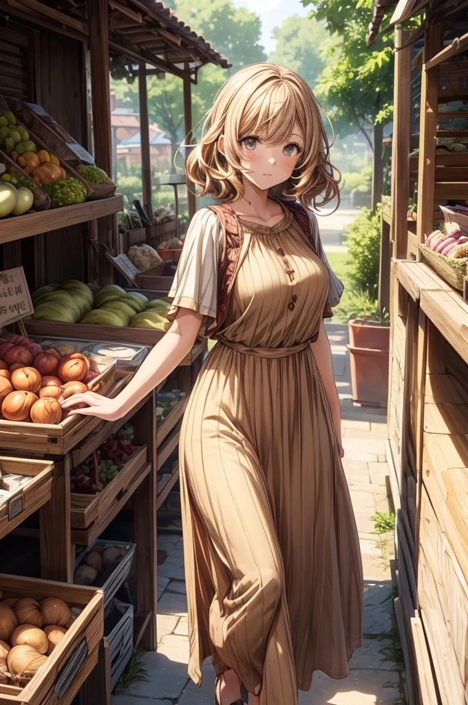 1girl,(anime coloring:1.2),	best quality,	looking at viewer,	short wavy hair,	chestnut hair,	feminine,	large breasts,	(solid Maxi dress),	(Light brown color Short sleeve Maxi dress:1.3),Ancient Village,Vegetable stall,