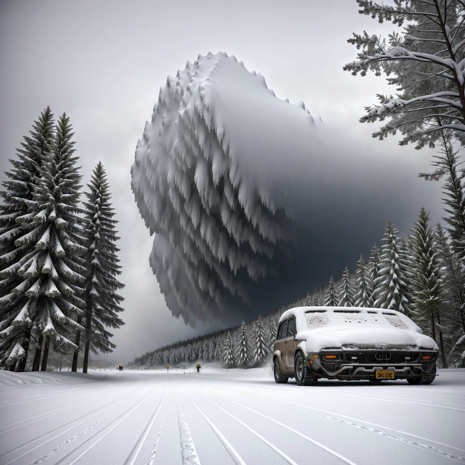 (heavy snow storm, blizzard, extreme blizzard, heavy snowfall, snowdrift, snowy landscape, snowy road, cars covered in snow, abandoned cars, frozen trees, icy branches, (snowflakes:1.2), (frozen:1.1), (cold:1.1), (white:1.2), (winter:1.2), (muted colors:1.1), (atmospheric lighting:1.1), (cinematic:1.1), (realistic:1.4), (photorealistic:1.4), (8k, high resolution, best quality, masterpiece:1.2))