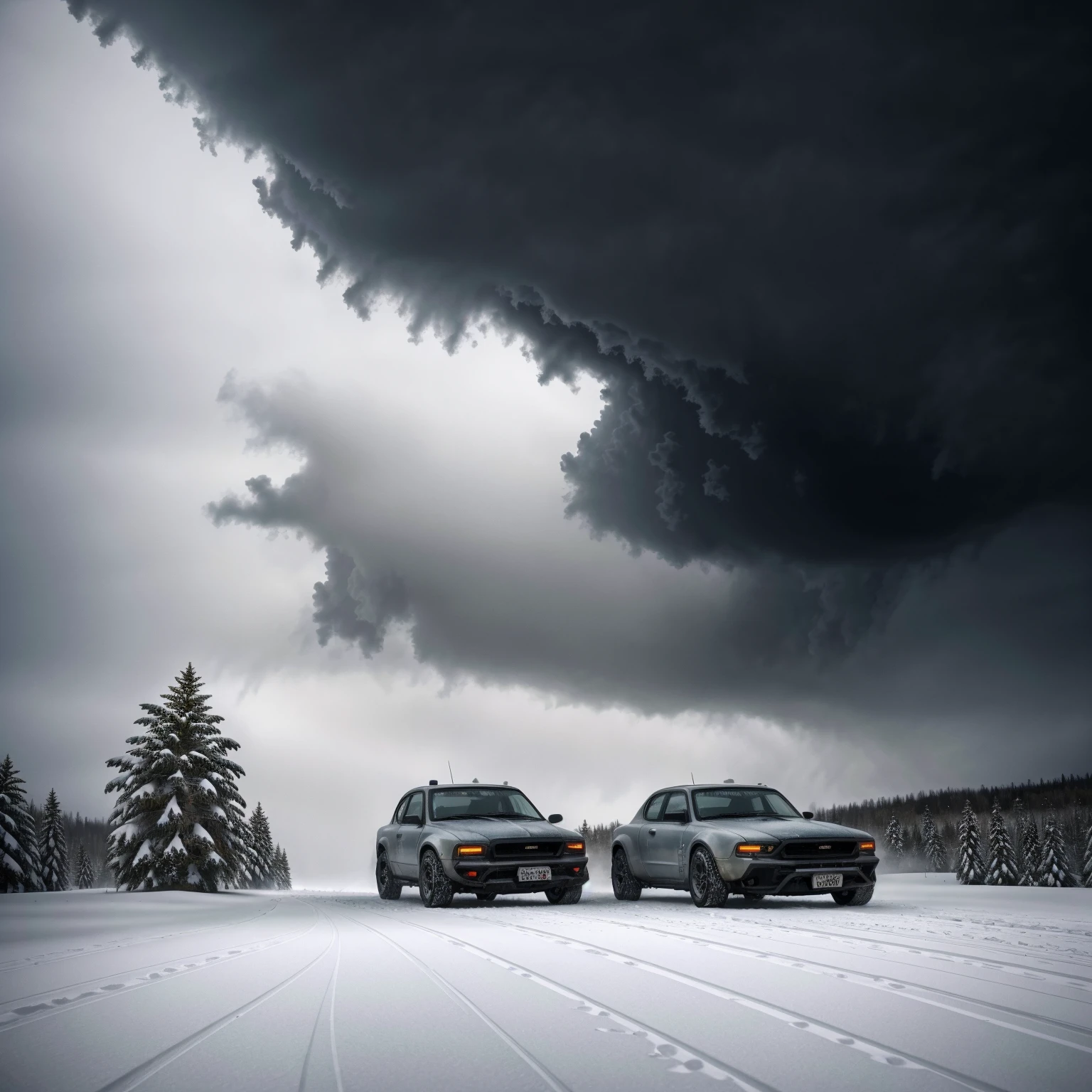 (heavy snow storm, blizzard, extreme blizzard, heavy snowfall, snowdrift, snowy landscape, snowy road, cars covered in snow, abandoned cars, frozen trees, icy branches, (snowflakes:1.2), (frozen:1.1), (cold:1.1), (white:1.2), (winter:1.2), (muted colors:1.1), (atmospheric lighting:1.1), (cinematic:1.1), (realistic:1.4), (photorealistic:1.4), (8k, high resolution, best quality, masterpiece:1.2))