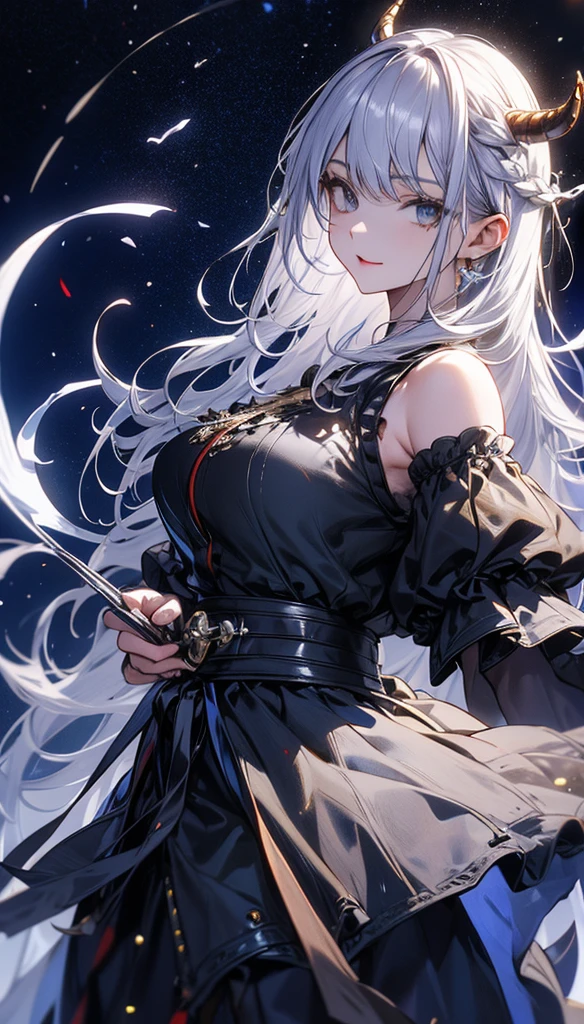 masterpiece, high quality, 4K, Beautiful design, silhouette,Silver Hair, 非常に詳細な夜のStarry Sky,Flower Field, wonderful, Finer details, Very knowledgeable woman,Devil Highly detailed solo, 1 female,Big Breasts,camisole,mini skirt,garter belt,Night view,Starry Sky,full moon,