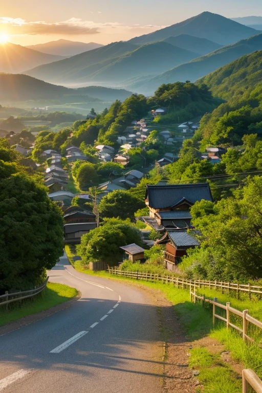 Detailed Description of an Anime-Style Countryside Scene This illustration depicts a beautiful countryside scene reminiscent of rural Japan. Please focus on the following elements: Foreground: A metal guardrail runs along the right side of the road, casting shadows onto the pavement. On the left side, a utility pole stands tall, with wires extending from it, adding depth to the scene. Midground: Trees are densely packed on the right side of the road, with dappled sunlight filtering through the leaves. A small stream flows under a quaint bridge in the center of the image. Background: Rolling green hills stretch into the distance, dotted with traditional farmhouses. Soft clouds float in the sky, illuminated by the warm light of the setting sun, casting a golden glow over the entire landscape. This scene embodies the tranquility and calm of rural Japan during a peaceful sunset, evoking a serene and idyllic atmosphere. 1 minute video