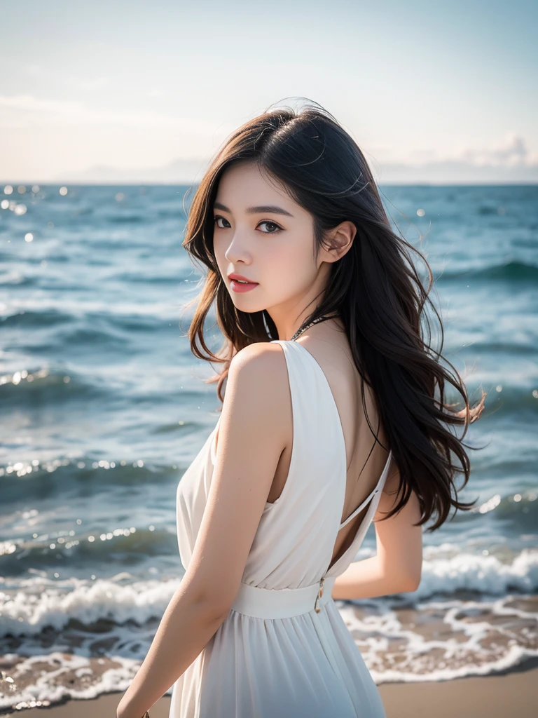 1 girl,kawaii,Detailed face, blue clear eyes ,looking at the audience,focus,masterpiece,best quality, high resolution,8k,complex,elegant,Very detailed,Dynamic lightingBREAKLong hair flows elegantly in the gentle sea breeze,The fading sunlight casts warmth, The ethereal light in the scene. She wears a flowing, Light-colored dress that flutters in the wind. Waves in the background gently kiss the shore, There is a sense of tranquility in the air, The overall atmosphere should evoke a sense of serenity and beauty