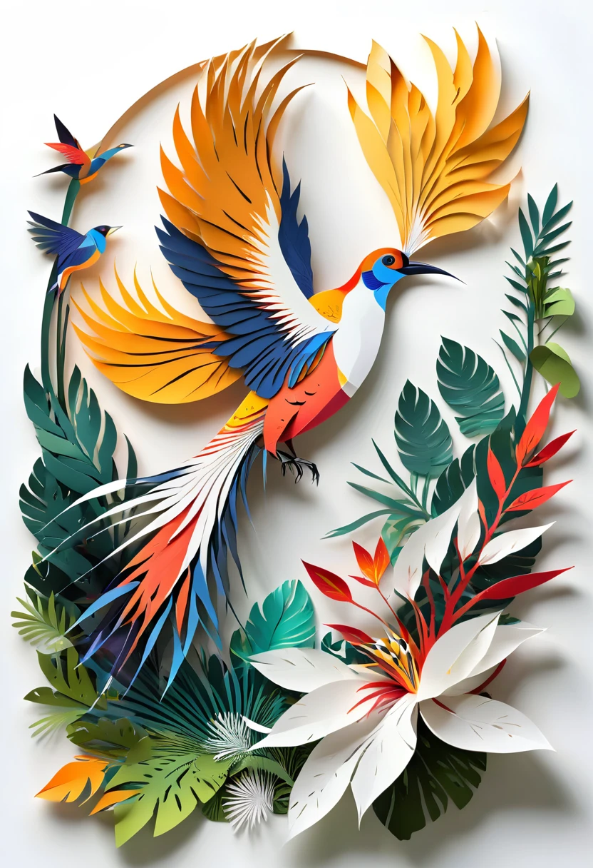 paper cuttings art, the bird of paradise, west papuan native bird, cendrawasih bird, single bird, white background, (Flat paper cutout,paper art,layered paper artpaper, digital art), Against a pure white background, vector illustration, papercut style, high quality image