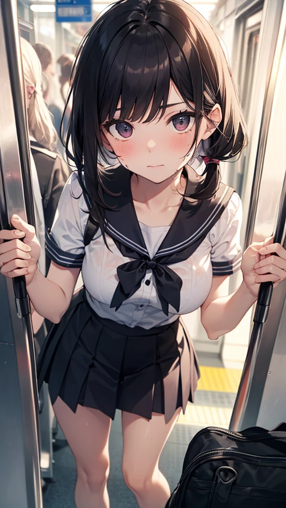 masterpiece,Super detailed,In 8K,Best Composition,Photorealistic, Best Shadows,View from the front above, The body is close camera,(Face is close:2.0) ,head down and Looking up at the camera,cute school girl,-yelack twin-tail hair,Slightly bowed,shy,blushing,sweating,sailor ,short skirt, Translucent and beautiful skin,tits,Thighs,holding a school-bag in front with both hands,(inside crowded train in motion, Leaning against the closed door ,congestion ,summer,most crowded train