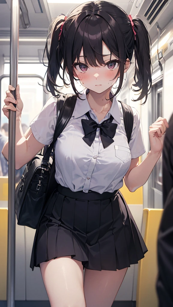 masterpiece,Super detailed,In 8K,Best Composition,Photorealistic, Best Shadows,View from the front above, The body is close camera,(Face is close:2.0) ,head down and Looking up at the camera,cute school girl,-yelack twin-tail hair,Slightly bowed,shy,blushing,sweating,sailor ,short skirt, Translucent and beautiful skin,tits,Thighs,holding a school-bag in front with both hands,(inside crowded train in motion, Leaning against the closed door ,congestion ,summer,most crowded train