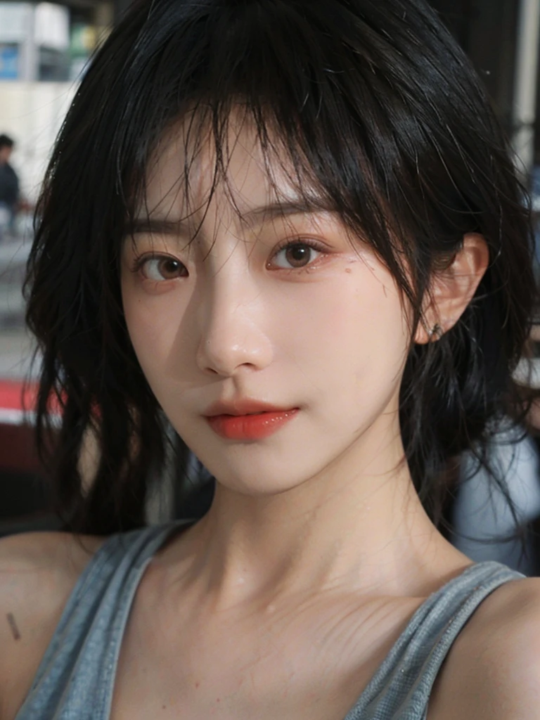 (Skin details:1.4), (smooth skin textures:1.3), （Upper body：1.4），（Upper Body：1.3）Lipstick, background, earrings, serene, calm, (Realistic and detailed eyes：1.2）, Natural skin texture, Realistic facial details, Soft dramatic lighting, Vivid details, 35 mm film, outdoor, (Photo Practical:1.4), (hyper Practical:1.4), (Practical:1.3), (Smoother lighting:1.05), (Improve lighting quality:0.9), (Highest quality real skin textures:1.4), Exquisite eyes, Delicate face, Close-up of face, (Enhance the beauty of skin texture:1.1), Hair details,（Large Breasts：1.3）normal body ratio, short hair, Moles under the eyes, A faint smile,Portrait Photography, Depth of Field, Bokeh, Surrealism, Ray Tracing, (Portrait Photography:1.1), Surrealism, High Detail, Chiaroscuro, Ray Tracing, reflected light, Ultra HD, Ultra HD, masterpiece, Textured Skin, Super Detail, High Detail, high quality, best quality