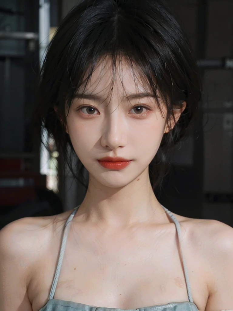 (Skin details:1.4), (smooth skin textures:1.3), （Upper body：1.4），（Upper Body：1.3）Lipstick, background, earrings, serene, calm, (Realistic and detailed eyes：1.2）, Natural skin texture, Realistic facial details, Soft dramatic lighting, Vivid details, 35 mm film, outdoor, (Photo Practical:1.4), (hyper Practical:1.4), (Practical:1.3), (Smoother lighting:1.05), (Improve lighting quality:0.9), (Highest quality real skin textures:1.4), Exquisite eyes, Delicate face, Close-up of face, (Enhance the beauty of skin texture:1.1), Hair details,（Large Breasts：1.3）normal body ratio, short hair, Moles under the eyes, A faint smile,Portrait Photography, Depth of Field, Bokeh, Surrealism, Ray Tracing, (Portrait Photography:1.1), Surrealism, High Detail, Chiaroscuro, Ray Tracing, reflected light, Ultra HD, Ultra HD, masterpiece, Textured Skin, Super Detail, High Detail, high quality, best quality