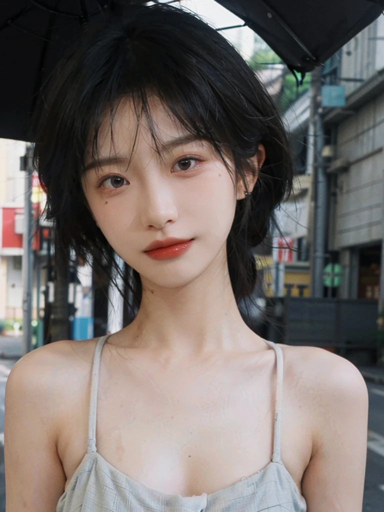 (Skin details:1.4), (smooth skin textures:1.3), (Upper body:1.4),(Upper Body:1.3)Lipstick, background, earrings, serene, calm, (Realistic and detailed eyes:1.2), Natural skin texture, Realistic facial details, Soft dramatic lighting, Vivid details, 35 mm film, outdoor, (Photo Practical:1.4), (hyper Practical:1.4), (Practical:1.3), (Smoother lighting:1.05), (Improve lighting quality:0.9), (Highest quality real skin textures:1.4), Exquisite eyes, Delicate face, Close-up of face, (Enhance the beauty of skin texture:1.1), Hair details,(Large Breasts:1.3)normal body ratio, short hair, Moles under the eyes, A faint smile,Portrait Photography, Depth of Field, Bokeh, Surrealism, Ray Tracing, (Portrait Photography:1.1), Surrealism, High Detail, Chiaroscuro, Ray Tracing, reflected light, Ultra HD, Ultra HD, masterpiece, Textured Skin, Super Detail, High Detail, high quality, best quality