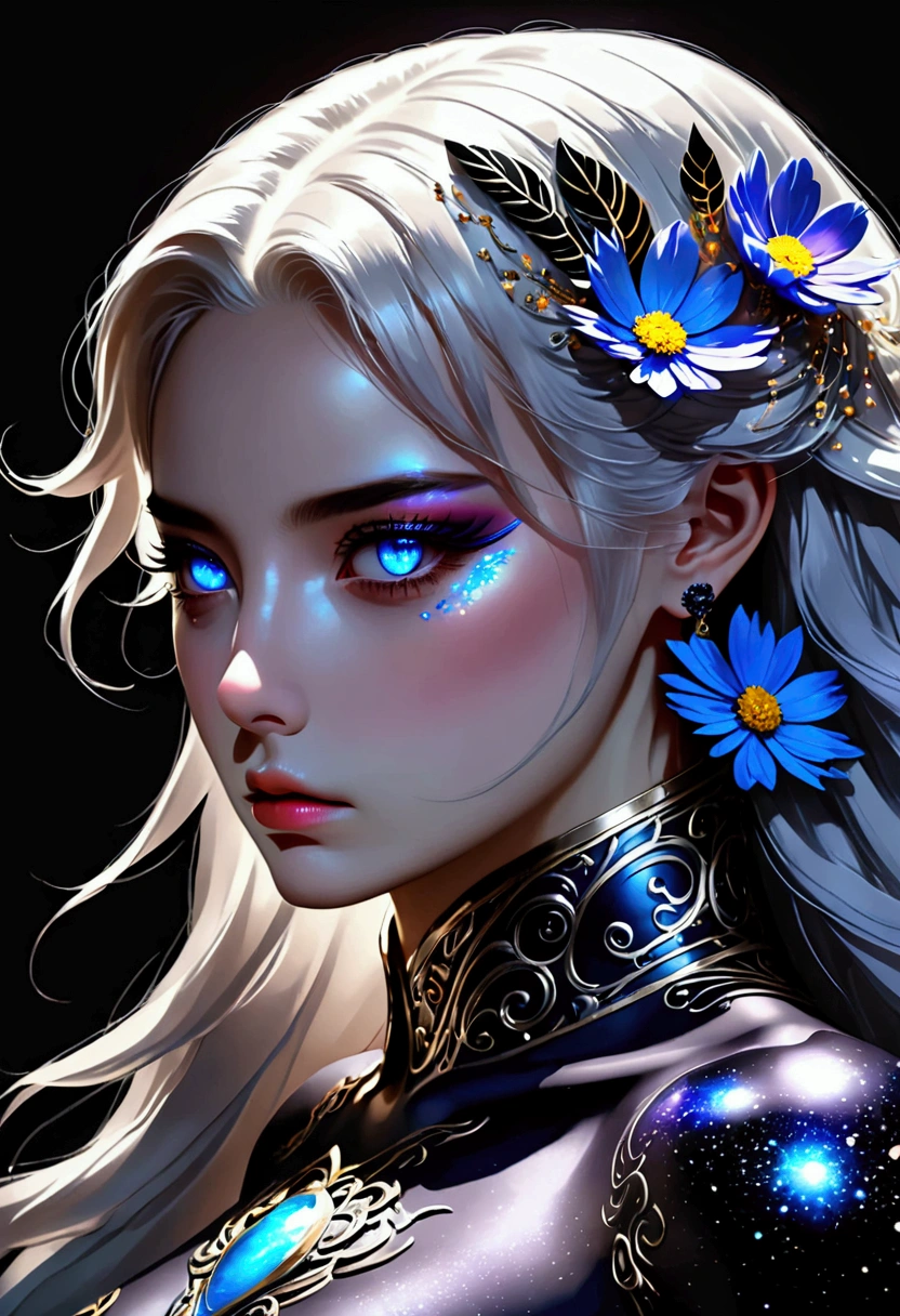 PORTRAIT, only face portrait, macro, a battle angel portrait, beautiful white skin with sparkles and glitter, long long hair with blue flowers on hair, shiny and lightening eyes, cosmos eyes, next to a white tiger, highly detailed fur (vectorized) blue lightening eyes, detailed skin, image is compelling with dynamic composition and energetic posing. Include many fantasy details such as bumps, phantasmal iridescence, glitter, galaxy, cosmos, ((dark celestialskin body, void cosmic body)), (((dark background))), (((lights off))), (((hollywood dark))), horror, dramatic shadows, (in a dark fantasy space:1.3, glitter, sparkle, gleam) vector digital illustration, (black background:1.5)sharp