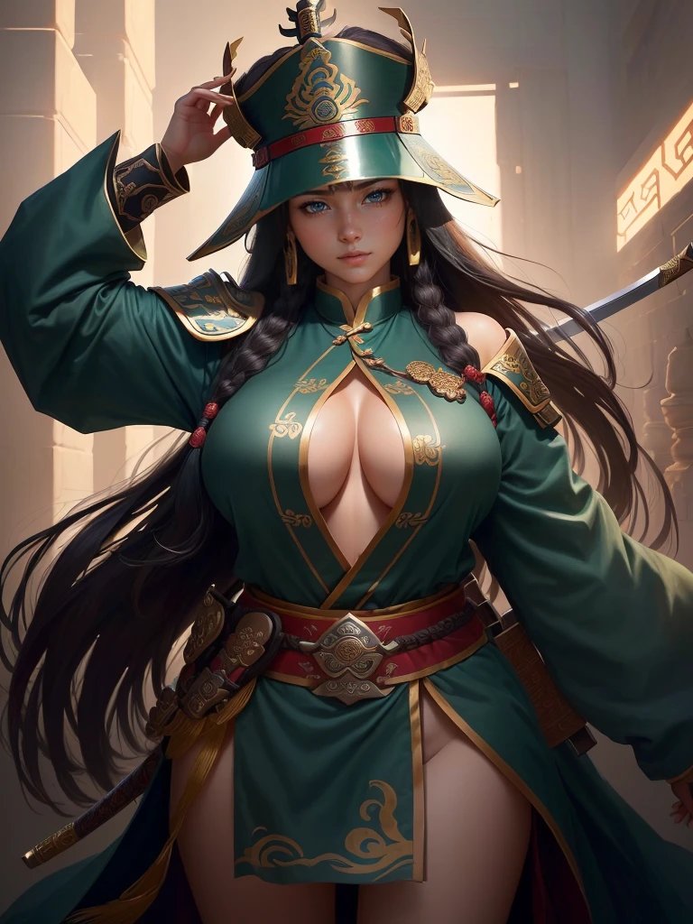 a woman with a bow and a bow in his hand, guan yu, bian lian, naranbaatar ganbold, inspired by Cao Zhibai, inspired by Hu Zaobin, inspired by Fan Kuan, inspired by Li Kan, mongol, inspired by Huang Shen, by Qu Leilei, inspired by Jang Seung-eop, a close up of a girl with a sword and a hat, guan yu, inspired by Hu Zaobin, naranbaatar ganbold, masamune shiro, bian lian, mongol, masamune, feng shu, inspired by Cao Zhibai, inspired by Huang Ding, genghis khan, inspired by Huang Shen, zhao yun, Highly detailed CG unit 8k wallpaper, masterpiece, High resolution, highest quality, highest quality real texture skin, Super Real, Digital Painting, Best image quality, 最High resolution, 8k, ((Highly detailed eyes and face, Beautiful eyes every detail)), 1girl, Full Body Shot, 1girl, Saggy breasts, Gravity-dependent breasts, long chest, Heavy chest, disproportionate breasts, huge breasts, sagging breasts, gigantic breasts, (erect nipple, ), Hat,