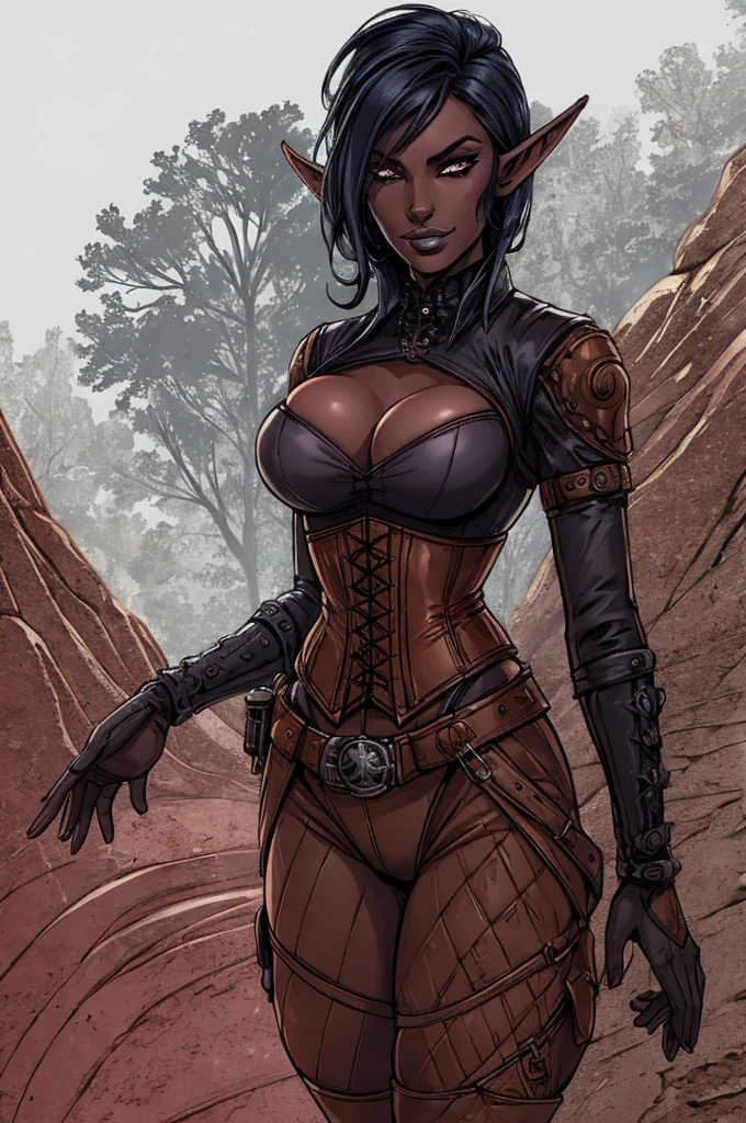 Butch Henchwoman, leather, corset, steampunk, cowboy shot, drow, 
dark elf,
colored skin,
dark skin,
grey skin,