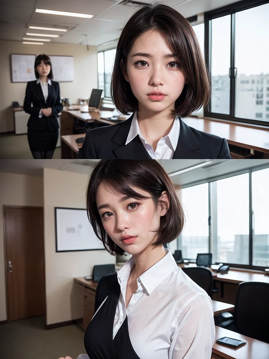 8k, RAW Portrait (Japanese women),masterpiece、Photorealistic:1.2、Realistic, Ultra-high resolution, Highest quality, Real Life Photos ,( in the evening :1.1), ((((1 female:1.5)))), (((Two girls showing off their panties In the room)))、(Cute Face:1.3)、Japanese women,((office lady))、((本物のoffice lady))、((business art:1.6))、 Short Hairstyles,、In the room、 、big, beautiful, beautiful目, Black Hair,(Written boundary depth:1.3)、 ((Dark brown eyes:1.2))、(Realistic skin texture:1.3)、(Immersive atmosphere:0.8、Chiaroscuro:1.2) 、((Embarrassed look:1.4))、((Red cheeks:1.3))、((From belowの天井:1.2))、(smile:0.7)、((She's wearing tiny silk panties))、((Panty shot))、((A woman rolling up her skirt))、((From below:1.48))、((Crotch close-up:1.52))、((Pants with emphasis on the photo))、the most beautiful woman in the world、the most beautiful woman in the world、((Spread your legs out to the side:1.4))、Large Breasts、Cleavage、Fair skin、Multiple moles、Large Breasts、Shirts that show a bra