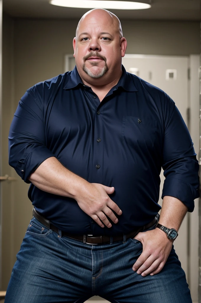 Kevin Chamberlin desperate to pee clutching both hands tightly around his crotch.