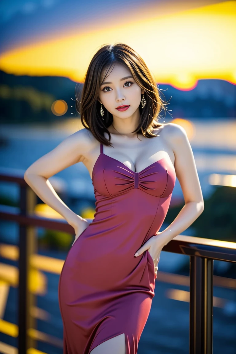 Glamorous Japanese model, 25 years old, height 170cm, hourglass figure (90-60-90
cm measurements), voluptuous E-cup breasts, tiny 60cm waist, wide 90cm hips, long
toned legs, flawless porcelain skin (RGB: 255, 223, 196), oval face with high
cheekbones, sultry almond-shaped eyes (deep brown, RGB: 61, 43, 31), double
eyelids, long eyelashes, straight nose with slightly upturned tip, full lips (natural pink,
RGB: 203, 132, 128), long silky black hair reaching mid-back with subtle auburn
highlights, wearing a form-fitting red (RGB: 230, 36, 36) evening gown with high slit
revealing right leg, 6-inch black stilettos, diamond chandelier earrings, standing
confidently with hand on hip on the deck of a luxurious 50-meter yacht, golden hour
lighting (warm orange glow, color temperature 2700K), Mediterranean Sea
background with setting sun, professional fashion photography style, shot with Canon
EOSR5mirrorless camera, 85mm f/1.2 lens, ISO 100, 1/200 sec, high resolution 8K,
photorealistic render--ar 2:3--q 2--s 750--v 6.0--style raw