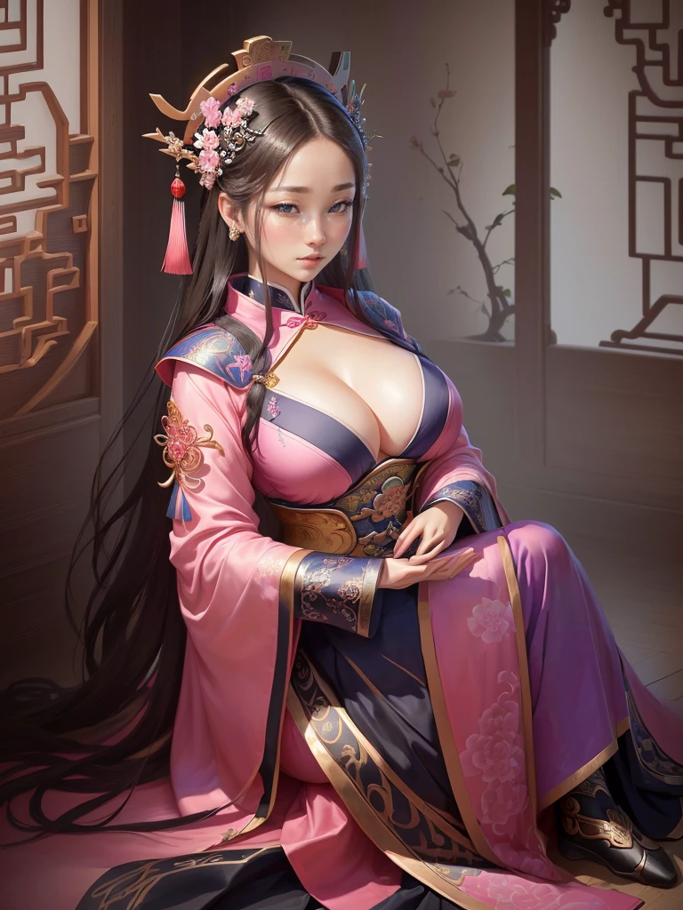 Painting of a woman in a pink and blue dress, Beautiful Fantasy Empress, ancient Chinese Princess, Beautiful character drawings, Chinese Princess, palace, Girl in Han Dress, Princess of an ancient Asian dynasty, Ancient Chinese Beauties, Inspired by Run In, Beautiful and attractive anime woman, Beautiful Fantasy Empress, Beautiful renderings of the Tang Dynasty, Beautiful oriental woman, Empress of China, Highly detailed CG unit 8k wallpaper, masterpiece, High resolution, highest quality, highest quality real texture skin, Super Real, Digital Painting, Best image quality, 最High resolution, 8k, ((Highly detailed eyes and face, Beautiful eyes every detail)), (wariza, seiza, from front, girl sitting, sit on the floor), huge breasts, gigantic breasts, disproportionate breasts, huge breasts, gigantic breasts, open your mouth, 