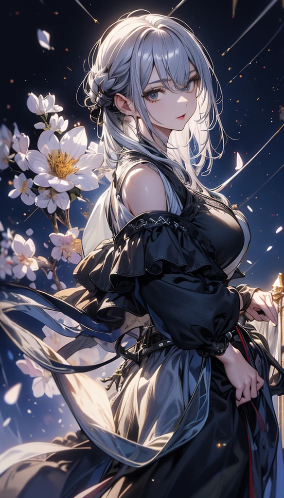 masterpiece, high quality, 4K, Beautiful design, silhouette，Silver Hair， 非常に詳細な夜のStarry Sky,Flower Field， wonderful, Finer details,  Very knowledgeable woman,Devil Highly detailed solo, 1 female,Big Breasts，camisole，mini skirt，garter belt，Night view，Starry Sky，full moon，