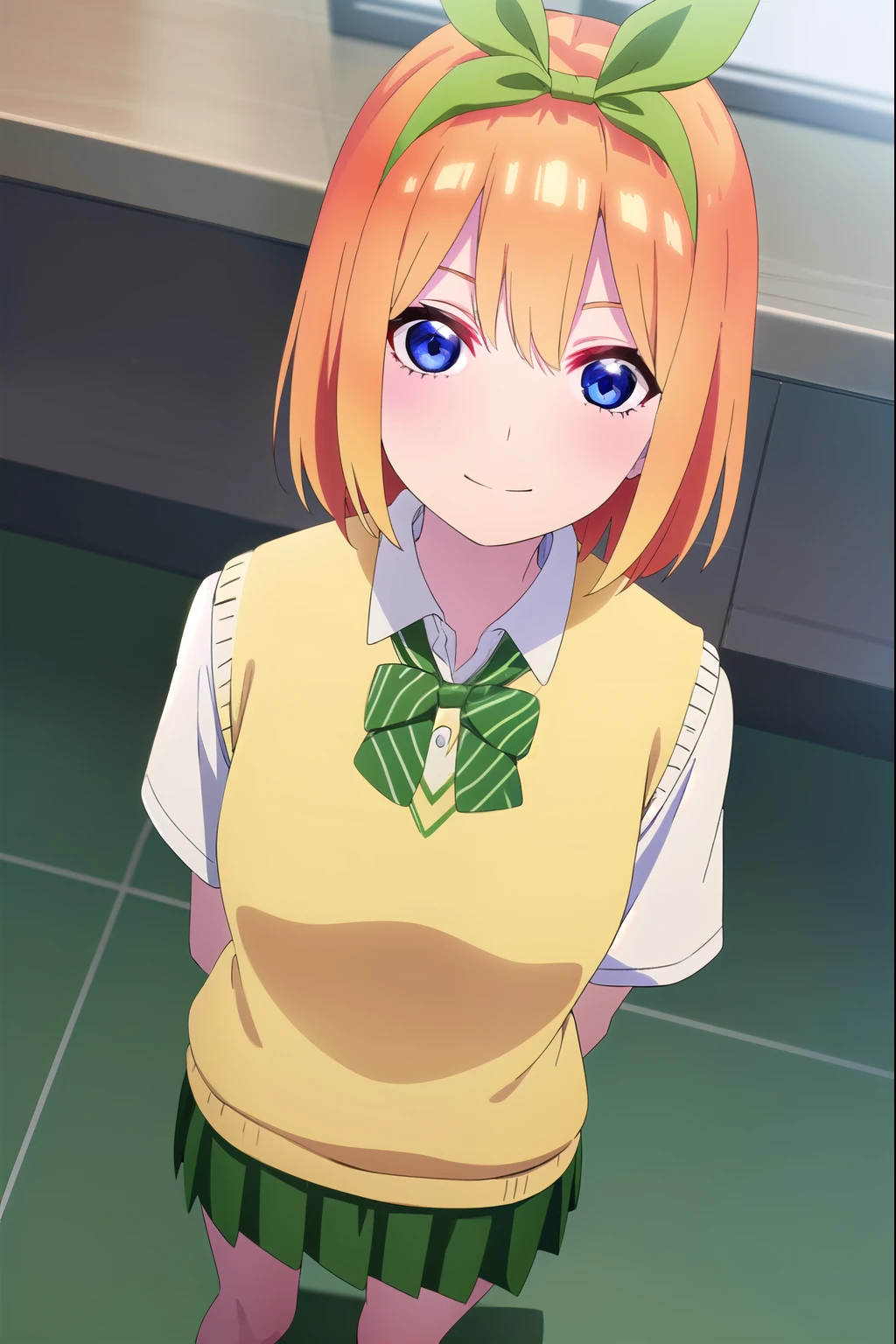 (masterpiece:1.2), (Highest quality), (High resolution), (unity 8k wallpaper), (figure:0.8), (Beautiful attention to detail:1.6), (Highly detailed face), (Perfect lighting), (Highly detailed CG), (Perfect hands, Perfect Anatomy),(Yotsubanakano), One girl, short hair, blue eyes, Hair between the eyes, hair ribbon, hair band, Orange Hair, (green ribbon:1.5), smile, skirt, shirt, ribbon, , white shirt, Short sleeve, Pleated skirt, collared shirt, mini skirt, bowtie, Black high socks, Green Skirt, black loafers, green bow, Sweater vest, green ribbon, (yellow Sweater vest:1.5), indoors, classroom, looking at viewer, standing, full body, arms behind back, from above