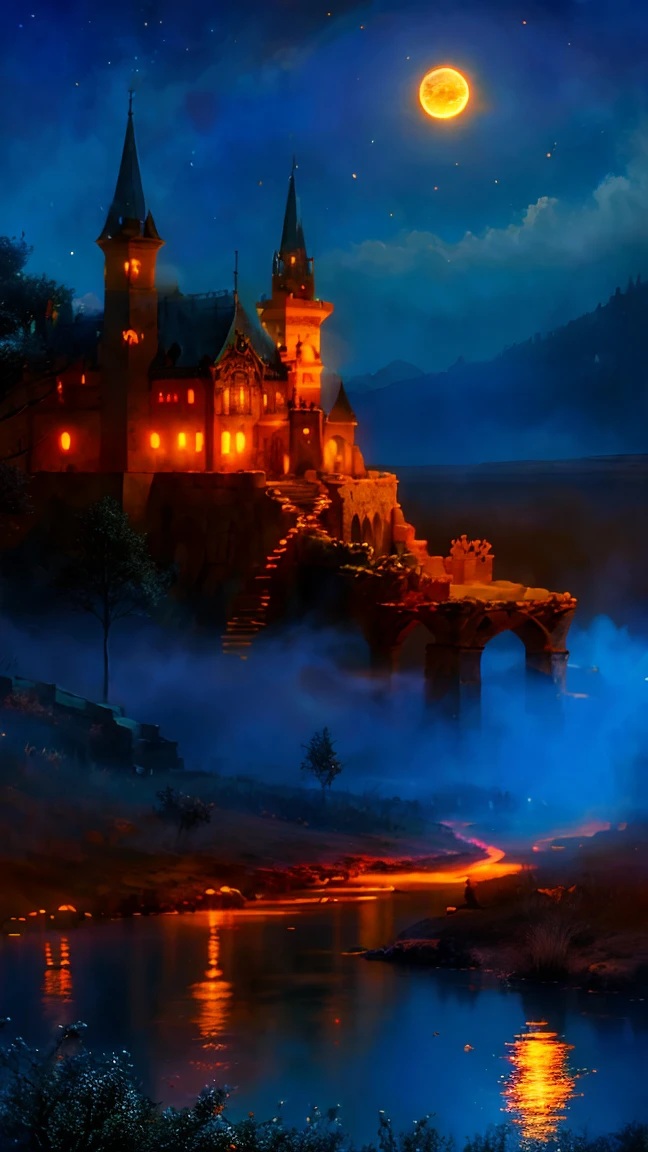 Mysterious Castle、霧のWind景、Majestic Tower、Intricate stone carvingysterious glow、Bright colors、Enchanting atmosphere、Wind、Hidden Secrets、Twinkling moonlight、Mystical Creatures。(Highest quality、High resolution、Very detailed)、ancient architecture、Western architecture, Magical atmosphere、Dreamy atmosphere、Dark fantasy setting、Fairytale atmosphere、Surrealistic lighting、A realistic picture。